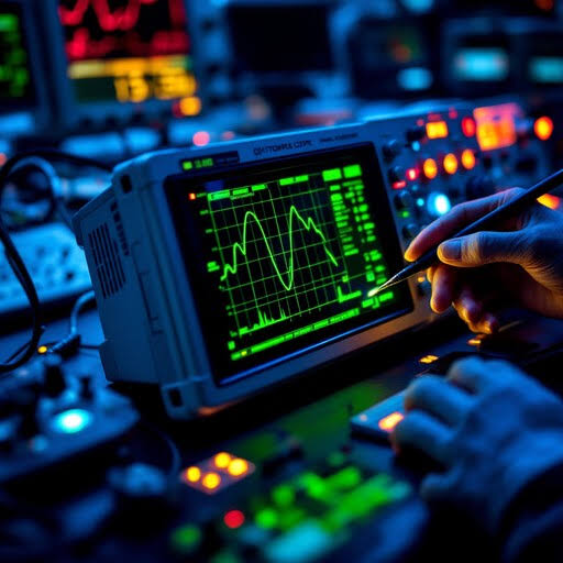 Oscilloscope measuring power sequence ripple voltage on a motherboard