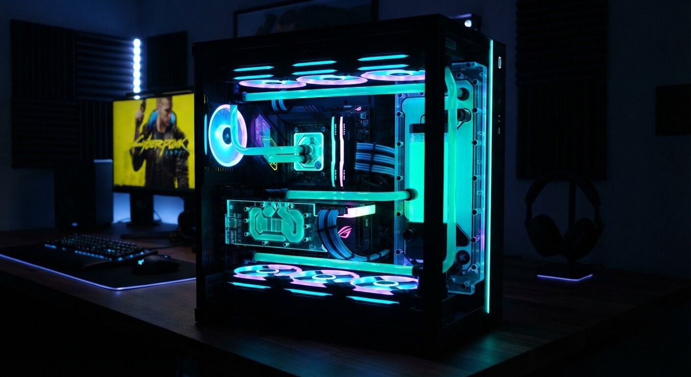 Custom water cooled PC build with glowing neon coolant